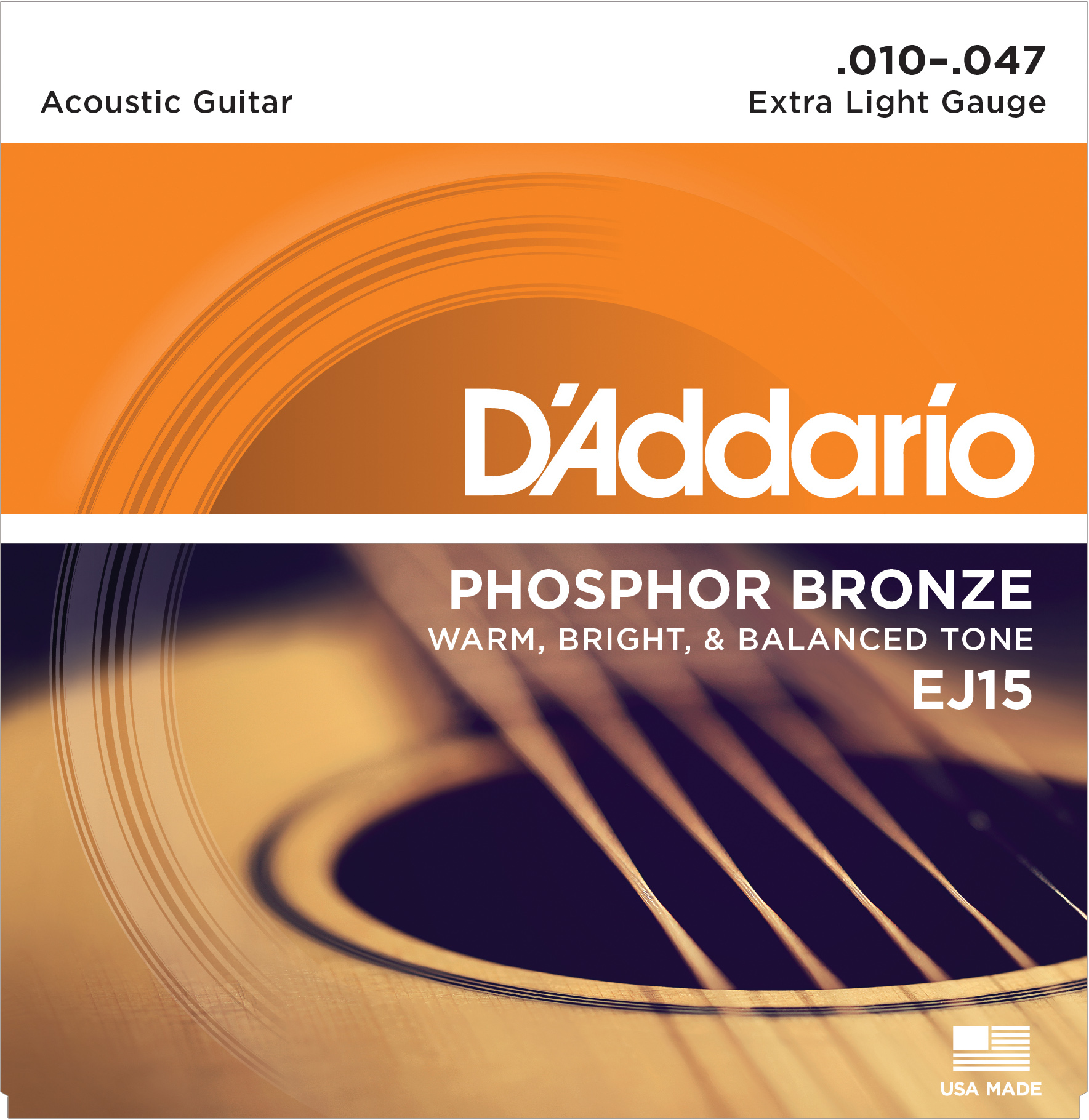 Струны для акустической гитары металлические D'ADDARIO EJ15 Phosphor Bronze, Extra Light, 10-47
