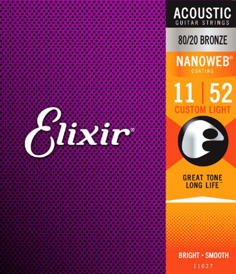 Комплект струн для акустической гитары, Custom Light, бронза 80/20, 11-52, Elixir 11027 NANOWEB